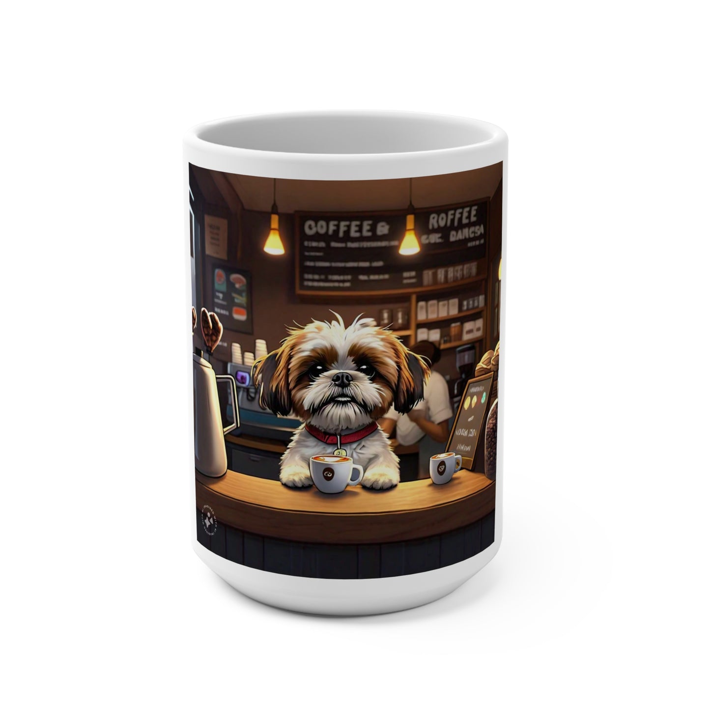 Cute pup having coffee Mug 15oz