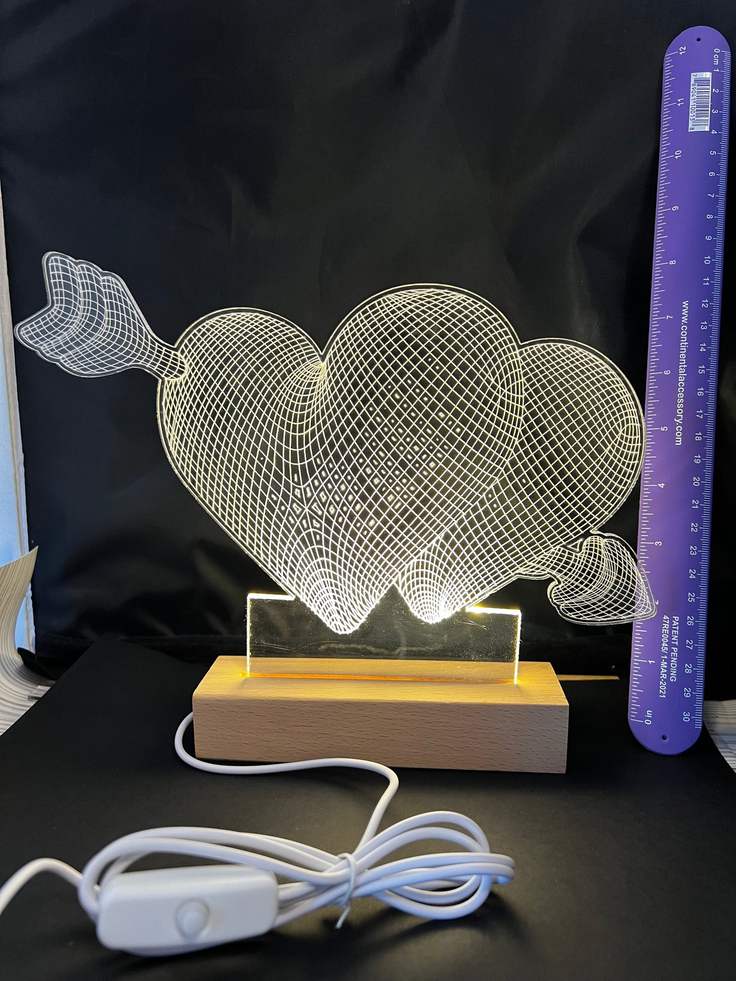 Edge lit LED sign Double Hearts with wood base.