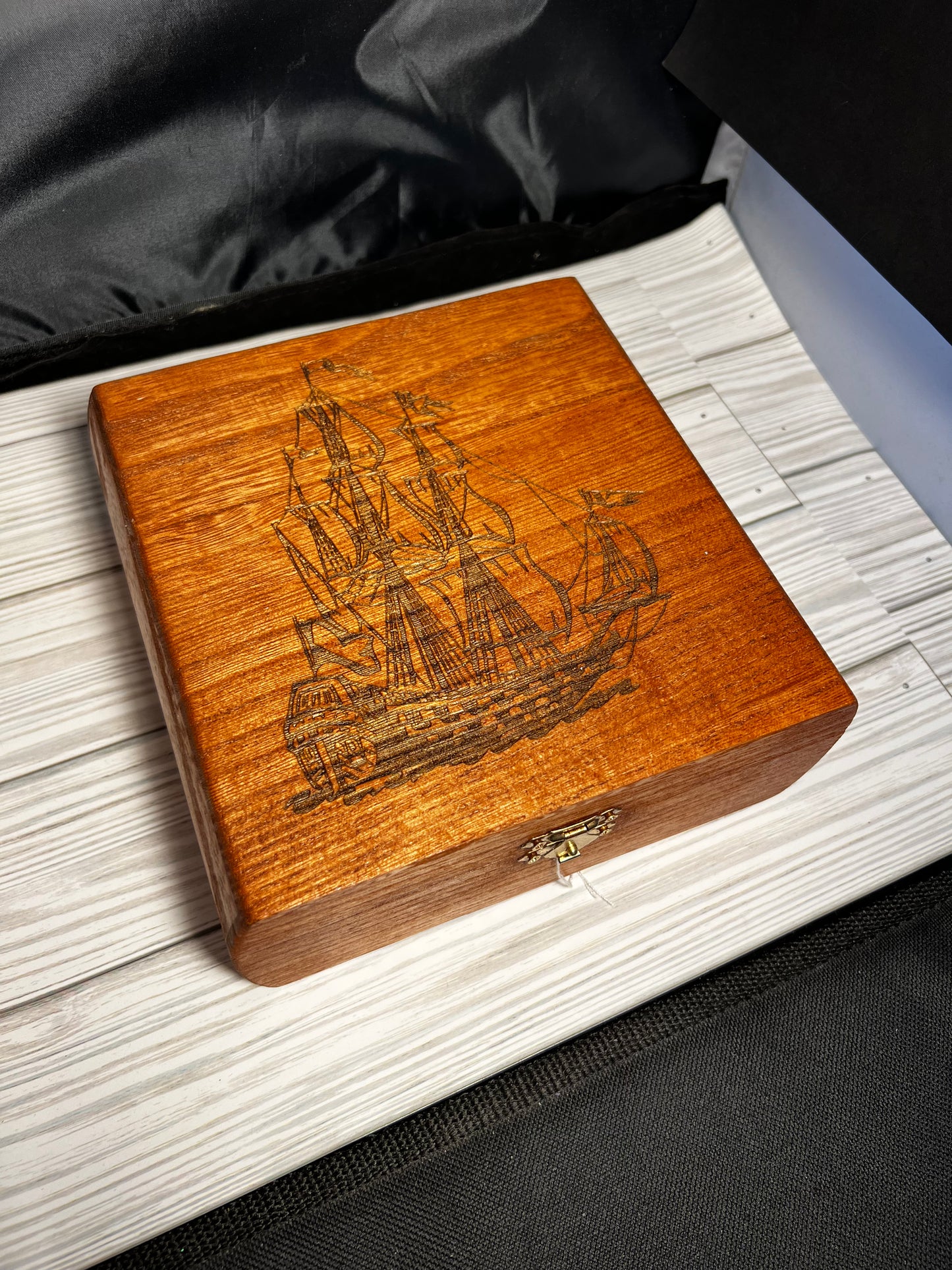 Wood keepsake box ship engraved
